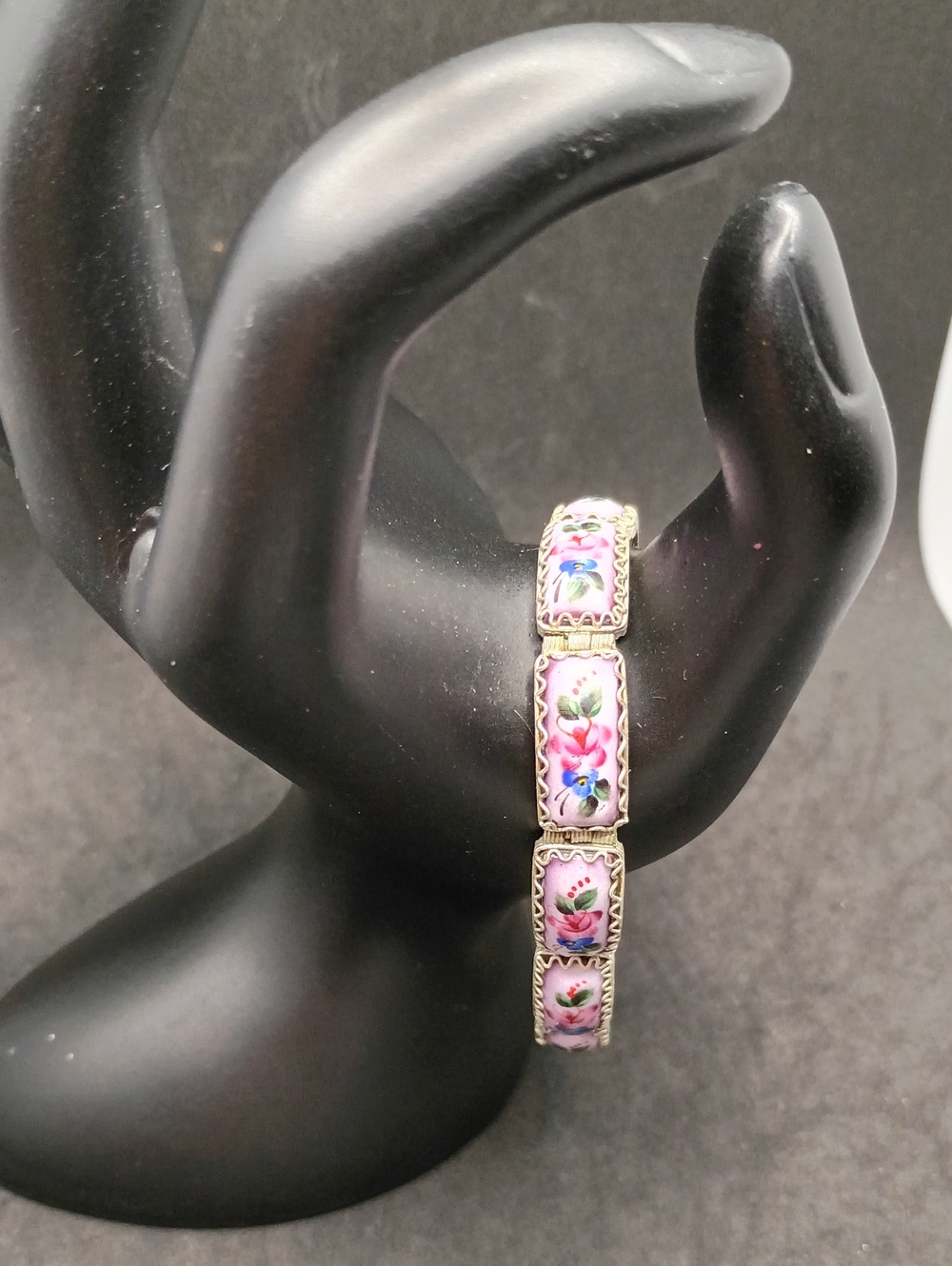 Vintage Pink Floral Enamel Bracelet with Silver Tone Accents